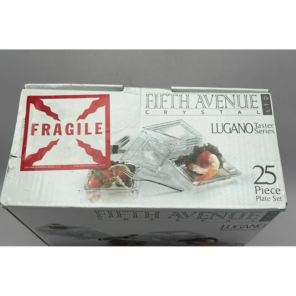 Fifth Avenue Crystal Lugano Taster Series 25 pc Set Square Glass Plates Forks